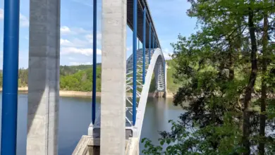 Moderní obloukový most přes řeku s lesy v pozadí.