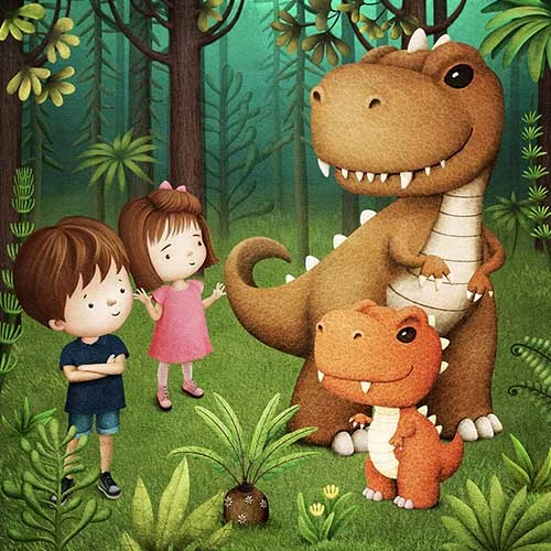 Děti s přátelskými dinosaury v lesním prostředí