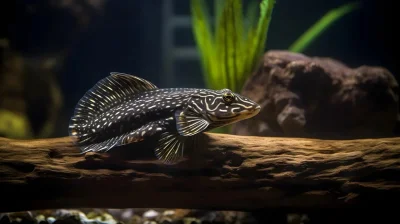 Husokachna ryba plaví se nad dřevem v akváriu.