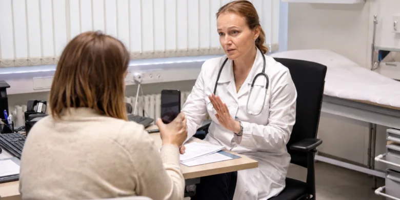 Lékařina vysvětluje pacientovi proces screeningu na MRSA.