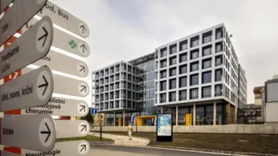 Hospital buildings with directional signs
