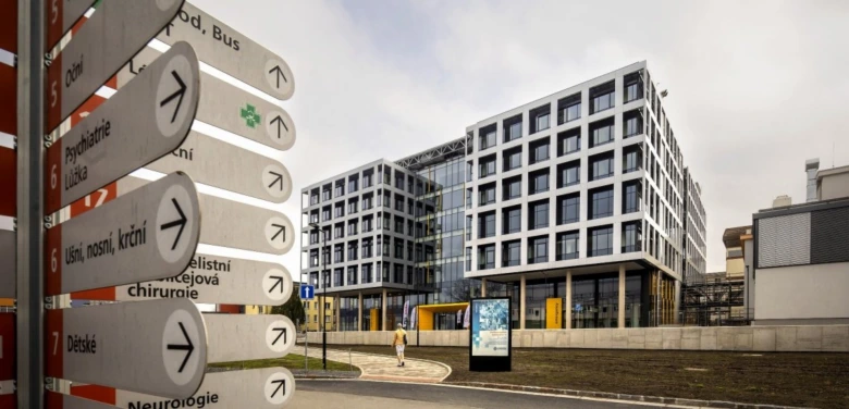 Hospital buildings with directional signs