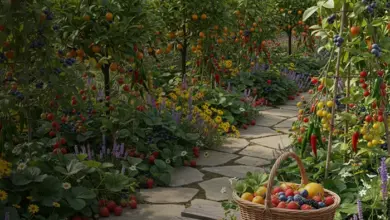 Zahrada s kamenitou cestou plnou ovoce a kvetoucimi rostlinami