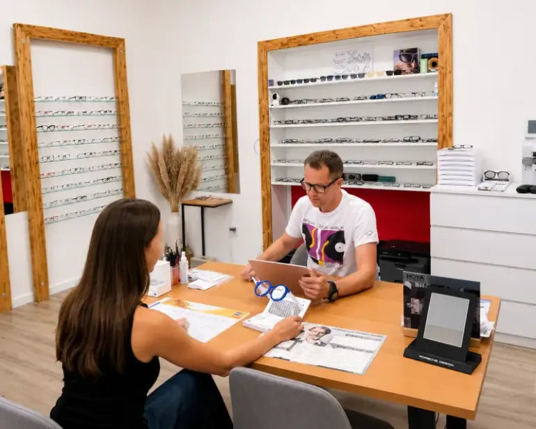 Optometrist porovnává brýle s pacientkou v obchodě.