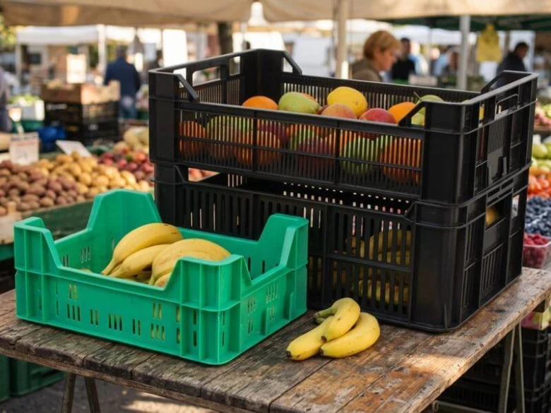 Plastové krabice s ovocem na trhu ukázka použití HDPE