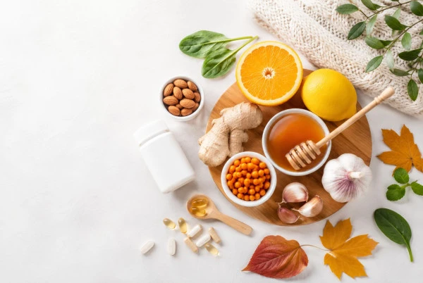 Zdravé potraviny jako citrony, med, ořechy a vitamíny na dřevěném podnosu.