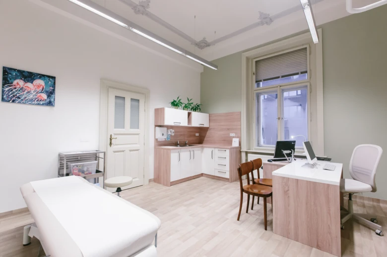 Moderní lékařská ordinace s lůžkem a pracovním stolem.