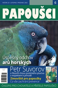 Fotografie velkého papouška s rohy na obálce časopisu o ptácích.
